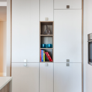 White cupboard with wood-look framing